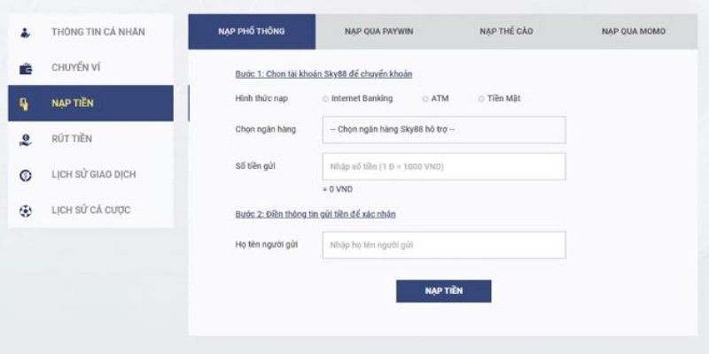 Nạp tiền sky88 qua tài khoản ngân hàng